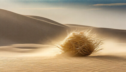 A tumbleweed rolling across a sunlit desert with fine sand textures and distant dunes