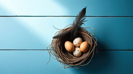 Rustic Bird Nest with Eggs and Feather on Blue Wood