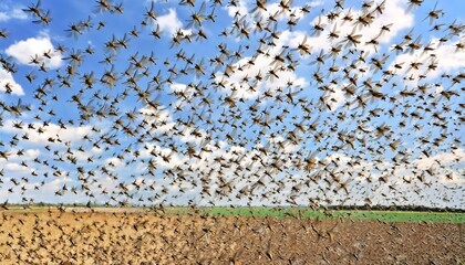 Massive swarm of locusts flying across a farmland field under a blue sky with scattered clouds during infestation