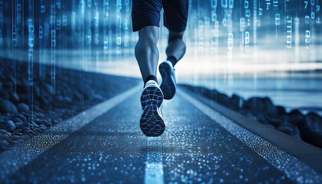 A runner on a digital highway symbolizing data-driven fitness, futuristic sports technology, and the merging of physical performance with virtual analytics