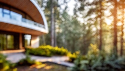 Obraz premium Modern house in forest setting with soft morning light and blurred natural landscape background