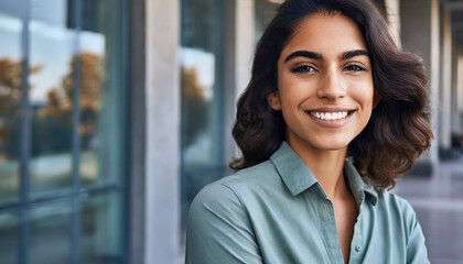 Portrait of a confident smiling woman in a green blouse standing outdoors near modern glass architecture