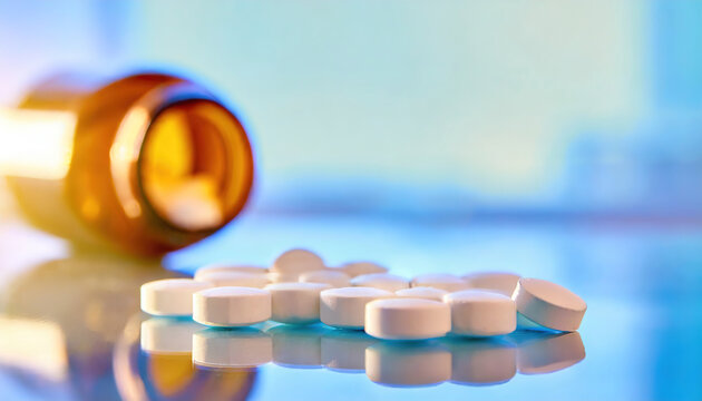 White round pills spilled from amber bottle on reflective surface suggesting medication or treatment