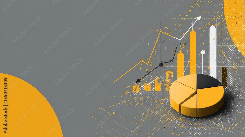 Poster data visualization with pie charts and line graphs trending upward in modern layout