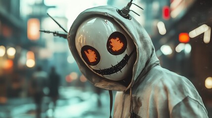 A mysterious character with glowing features stands in a vibrant neon city, capturing the essence of futuristic design and the allure of urban nightlife in modern settings.
