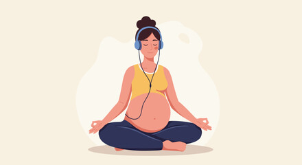 Obraz premium Illustration of a Pregnant Woman Meditating with Headphones for Mental Health Awareness and Prenatal Wellness Programs