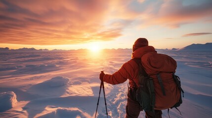 A solitary hiker stands against a breathtaking sunset over a snowy landscape, capturing the beauty of nature and the spirit of adventure in the great outdoors.