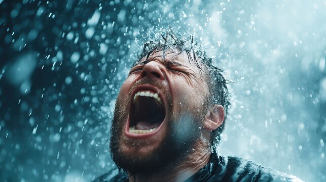 A man stands beneath a waterfall, shouting into the elements, capturing raw emotion in a breathtaking moment of nature's power and personal expression of deep feelings.