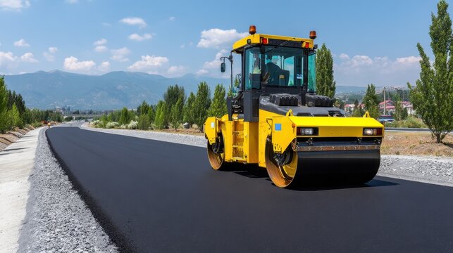 Road roller compacting fresh asphalt on a new highway during sunny afternoon