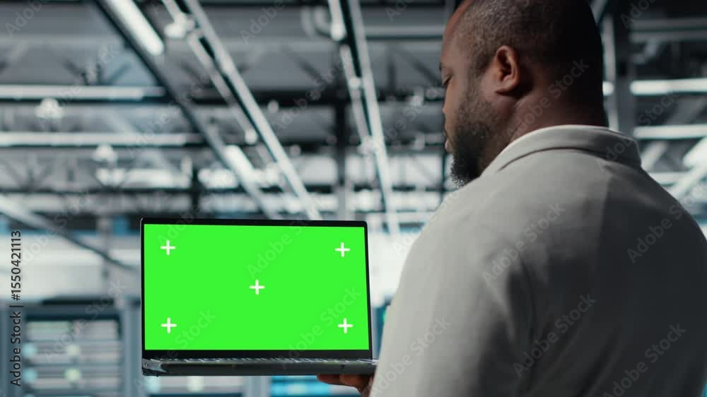 Poster data center programmer working on green screen laptop, updating storage infrastructure. it specialis