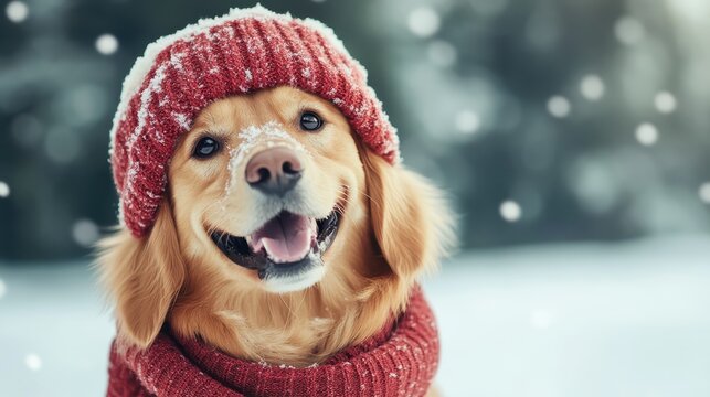 A cheerful golden retriever wearing a cozy knitted hat and scarf smiles adorably in a snowy landscape, embodying the warmth and joy of winter adventures.
