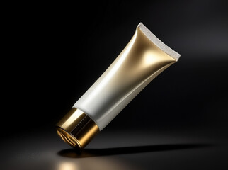 Metallic gold cosmetic tube placed on a black background. The tube has a sleek reflective surface, ideal for showcasing luxury skincare, hand cream, or beauty product packaging.
