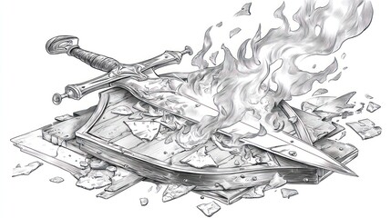 A sword lying across a shattered shield, engulfed in flames