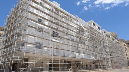 Scaffolding structure wrapping around building under renovation with clear sky above