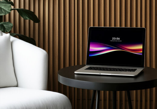 Laptop Screen Mockup on Round Table in Modern Interior
