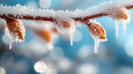 A close-up image of a frosted tree branch adorned with icy buds and shimmering icicles, embodying the serene beauty of winter's cold embrace.