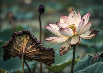 Macro shot of decaying lotus flower, black mold forming on petals.