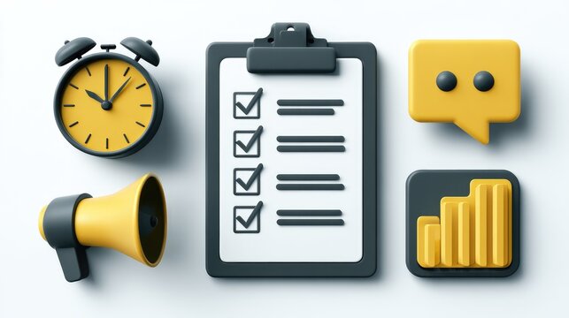 Productivity clipart bundle with clock, checklist, progress chart, and notification icons