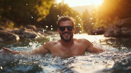 Fototapeta premium A delighted man swims in a scenic natural river, surrounded by greenery and sunlight, showcasing freedom, happiness, and the joy of outdoor adventures under the summer sun.