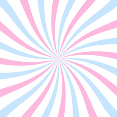 Pastel pink and blue radial burst background with twisted stripes. Cute sunburst pattern for baby shower, gender reveal, kawaii aesthetic, or social media design. Vector illustration.