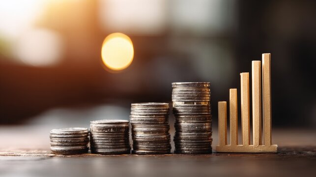 Stacked coins with ascending bar graph overlay on desk symbolizing financial business growth