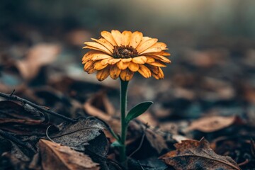 Rotting marigold flower, fungal patches visible on petals and stem.