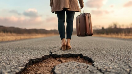 A contemplative woman stands on a cracked road holding a suitcase, symbolizing a journey or transition in life, amidst a dramatic sky that evokes feelings of uncertainty and adventure.