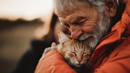 An affectionate senior man lovingly holds his orange cat, showcasing the deep bond between them, reflecting warmth, companionship, and the joy pets bring to our lives.