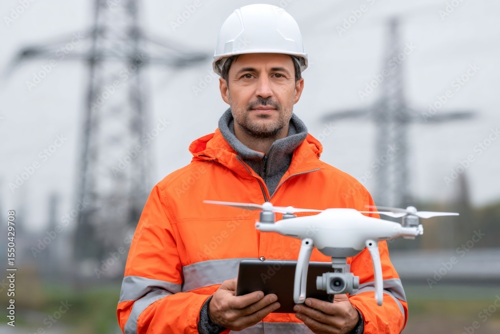 Poster electrical engineer operating drone for power line inspection