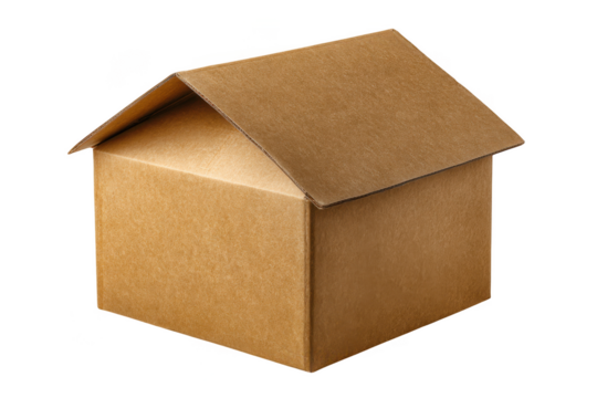 A simple brown cardboard box with its top flaps partially open isolated on transparent background