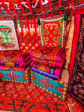 Interior decoration of the yurt. Living room with stove. traditional Uzbek yurt insideInterior decoration of the yurt. Living room with stove. traditional Uzbek yurt inside