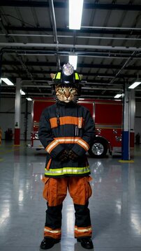 Chat pompier en uniforme devant un camion rouge