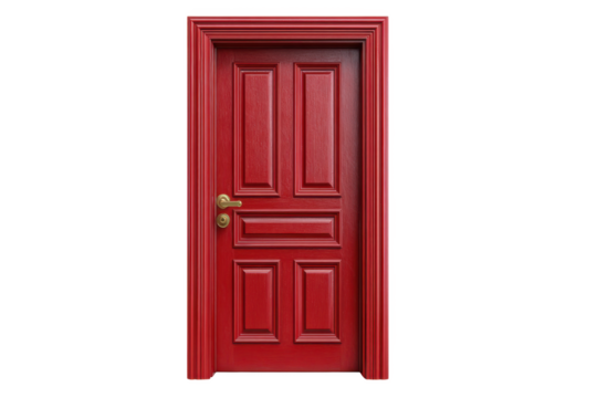 Classic red six panel wooden door with ornate trim and brass handle isolated on transparent background