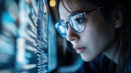 A dedicated woman with glasses intensely analyzing lines of code on a screen, capturing the essence of concentration and determination in a tech-driven world.