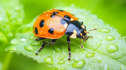 Ladybug on Dewy Leaf Macro Photography