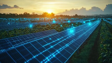 Solar panel farm at sunset with AI diagnostics, glowing blue holograms, ecofriendly atmosphere