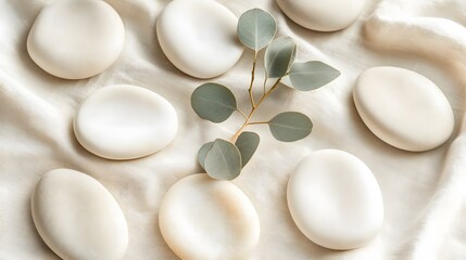 Spa Stones and Eucalyptus Leaves on Beige Fabric