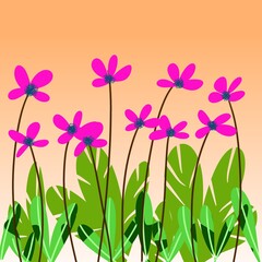 Obraz premium Bright floral illustration with pink wildflowers and green leaves on a warm orange background. Ideal for spring themes, greeting cards, botanical decor, nature-inspired design, and seasonal artwork.