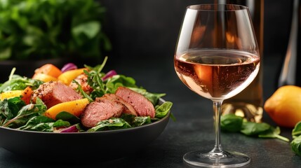 A beautifully arranged plate of fresh salad with sliced meat, perfectly paired with a glass of ros&eacute; wine, representing elegance, culinary delight, and the joy of dining experiences.