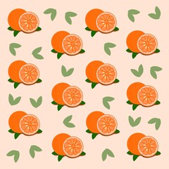 Seamless pattern of fresh orange fruits and slices with green leaves on a light background. Perfect for food packaging, summer design, kitchen textiles, wrapping paper, and healthy themes