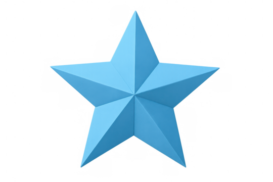 Three-dimensional light blue five-pointed star with transparent background, perfect for graphic design projects