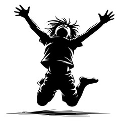 A black and white silhouette of a cheerful child jumping with happiness on a white isolated background. Vector graphics. EPS.