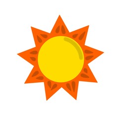 Bright cartoon sun with yellow center and orange rays on white background. Fun and cheerful summer icon for kids’ designs, weather graphics, greeting cards, or seasonal decoration projects.