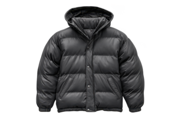 A stylish dark grey puffer jacket with a hood and silver snap buttons isolated on transparent background