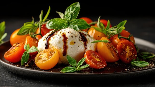 An artistic presentation of fresh burrata cheese paired with colorful cherry tomatoes and basil, beautifully arranged to evoke a sense of culinary delight and appetizing appeal.