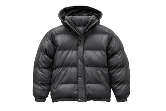 A stylish dark grey puffer jacket with a hood and silver snap buttons isolated on transparent background