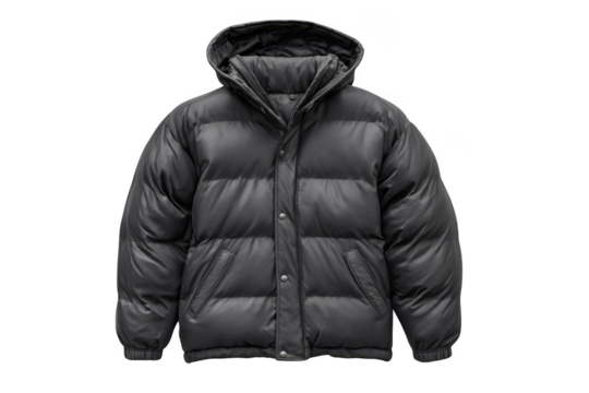 A stylish dark grey puffer jacket with a hood and silver snap buttons isolated on transparent background