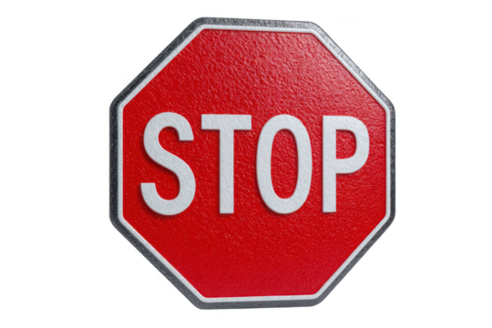 Classic red octagonal stop sign with white text isolated on transparent background