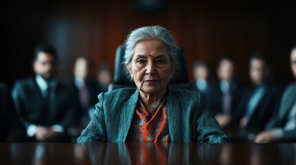 A woman with gray hair and an elegant outfit exudes confidence while seated at a boardroom table, suggesting leadership and authority in a corporate environment.
