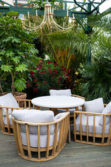 A cozy outdoor seating area with four rattan chairs and a round table surrounded by lush green plants and vibrant flowers